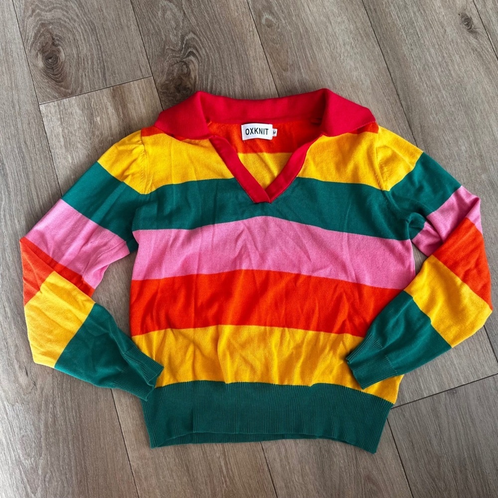 Oxknit Womens Rainbow Striped Polo Sweater V-Neck Long Sleeve Multi-Color Size M